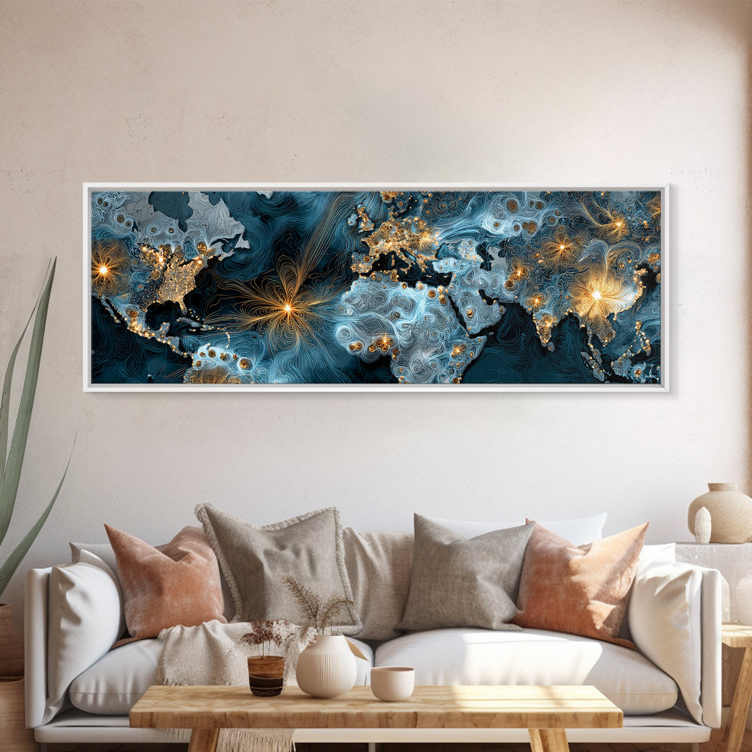 Blue Topographic World Map With Golden City Lights, Canvas Print, Modern Wall Art, Global Abstract Office Decor Poster Print