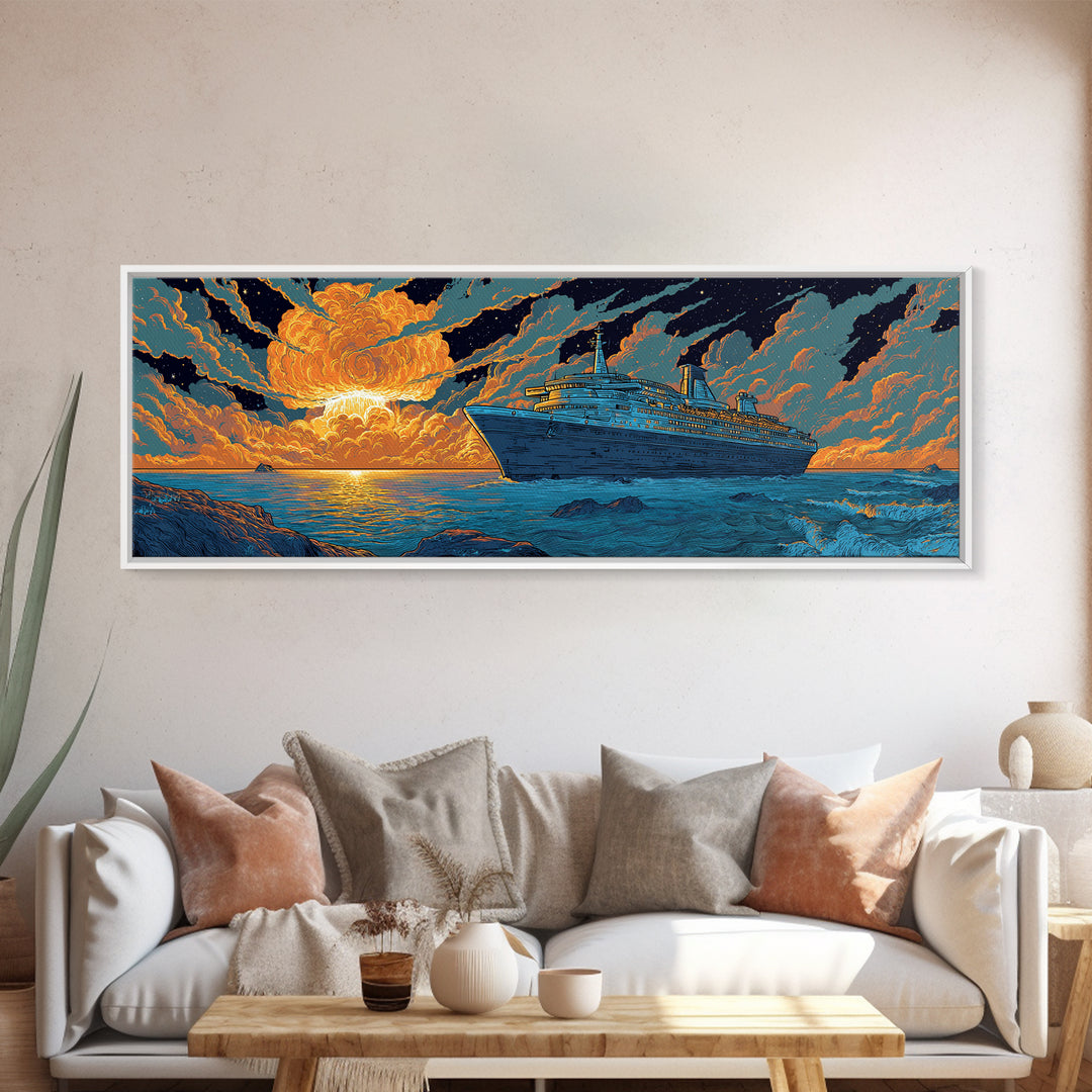 Dramatic Cruise Ship At Sunset Wall Art, Retro Ocean Travel Poster, Sci Fi Seascape Decor, Large Canvas Print Gift For Living Room