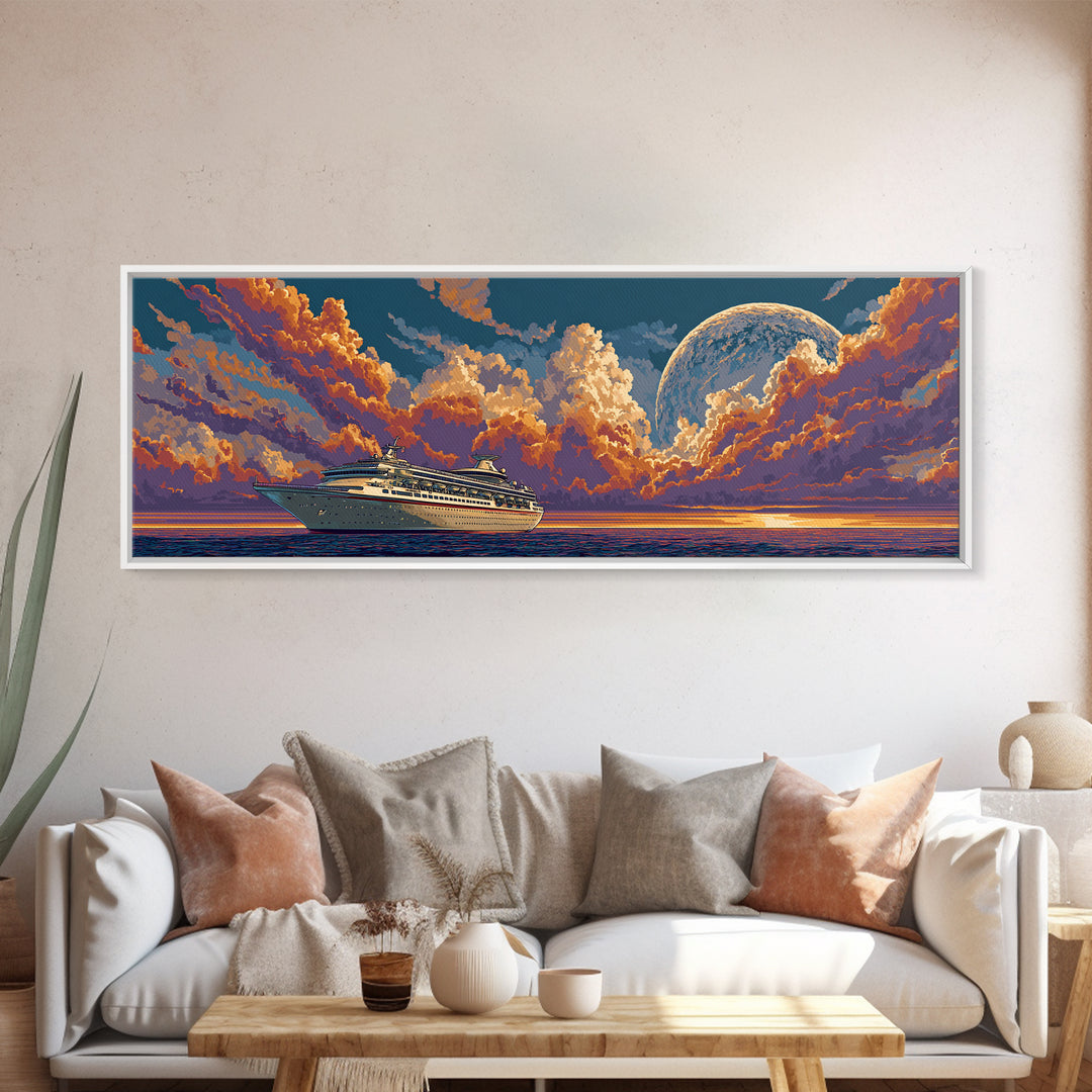Moonlit Cruise Ship At Orange Ocean Sunset Wall Art, Retro Futuristic Travel Poster, Midcentury Modern Decor Canvas Print