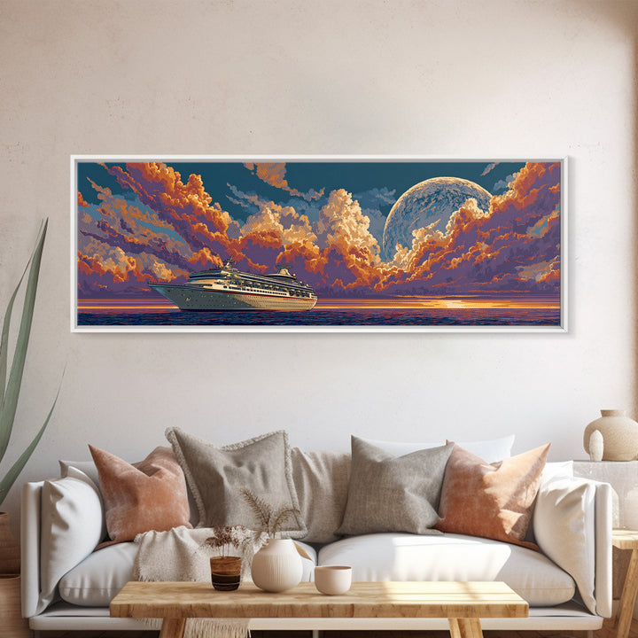 Moonlit Cruise Ship At Orange Ocean Sunset Wall Art, Retro Futuristic Travel Poster, Midcentury Modern Decor Canvas Print