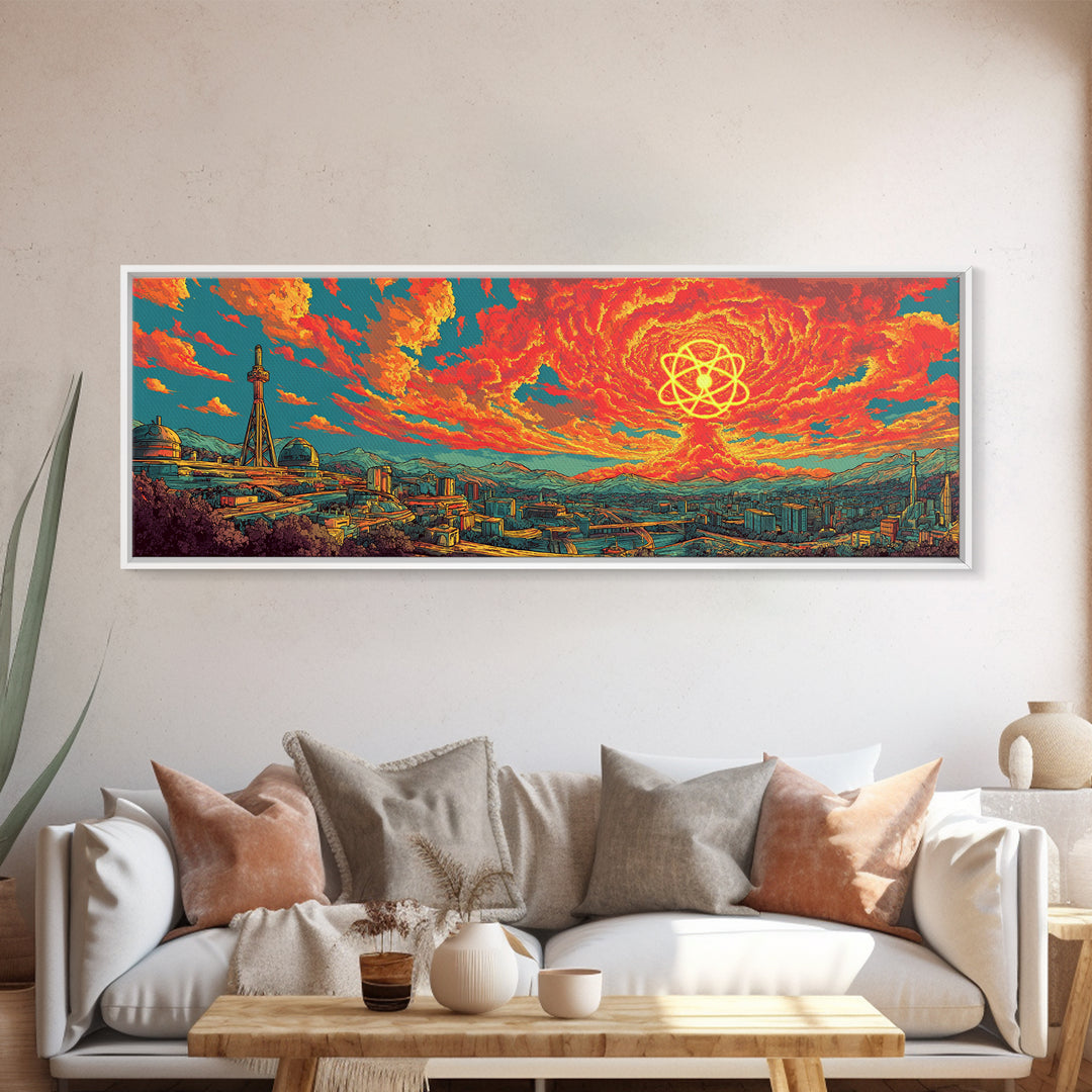 Fiery Atomic Sun Over Retro City Skyline Wall Art, Midcentury Modern Art Print, Bright Abstract Decor, Sci Fi Poster, Home Decor