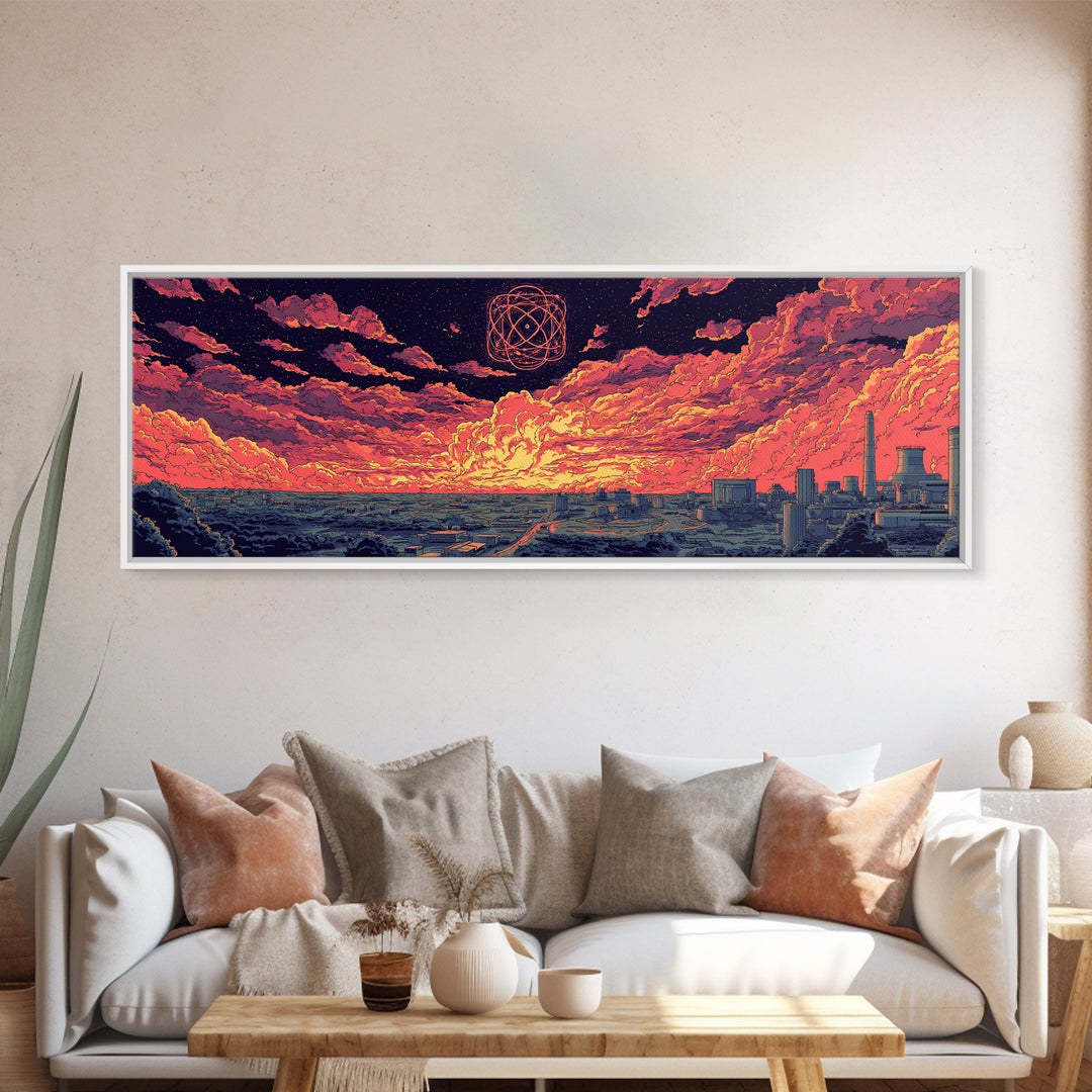 Atomic Sunset Over Industrial Coast Wall Art, Retro Sci Fi Landscape, Midcentury Modern Decor, Colorful Abstract Print, Poster