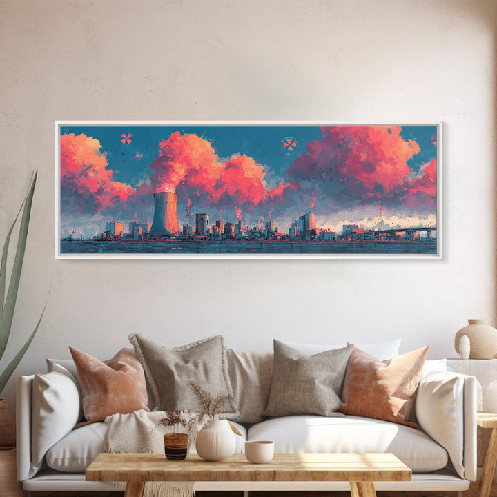 Pink Vapor Clouds Above Nuclear Plant Wall Art, Industrial Skyline Canvas Print, Retro Futuristic Modern Home Decor, Office Decor