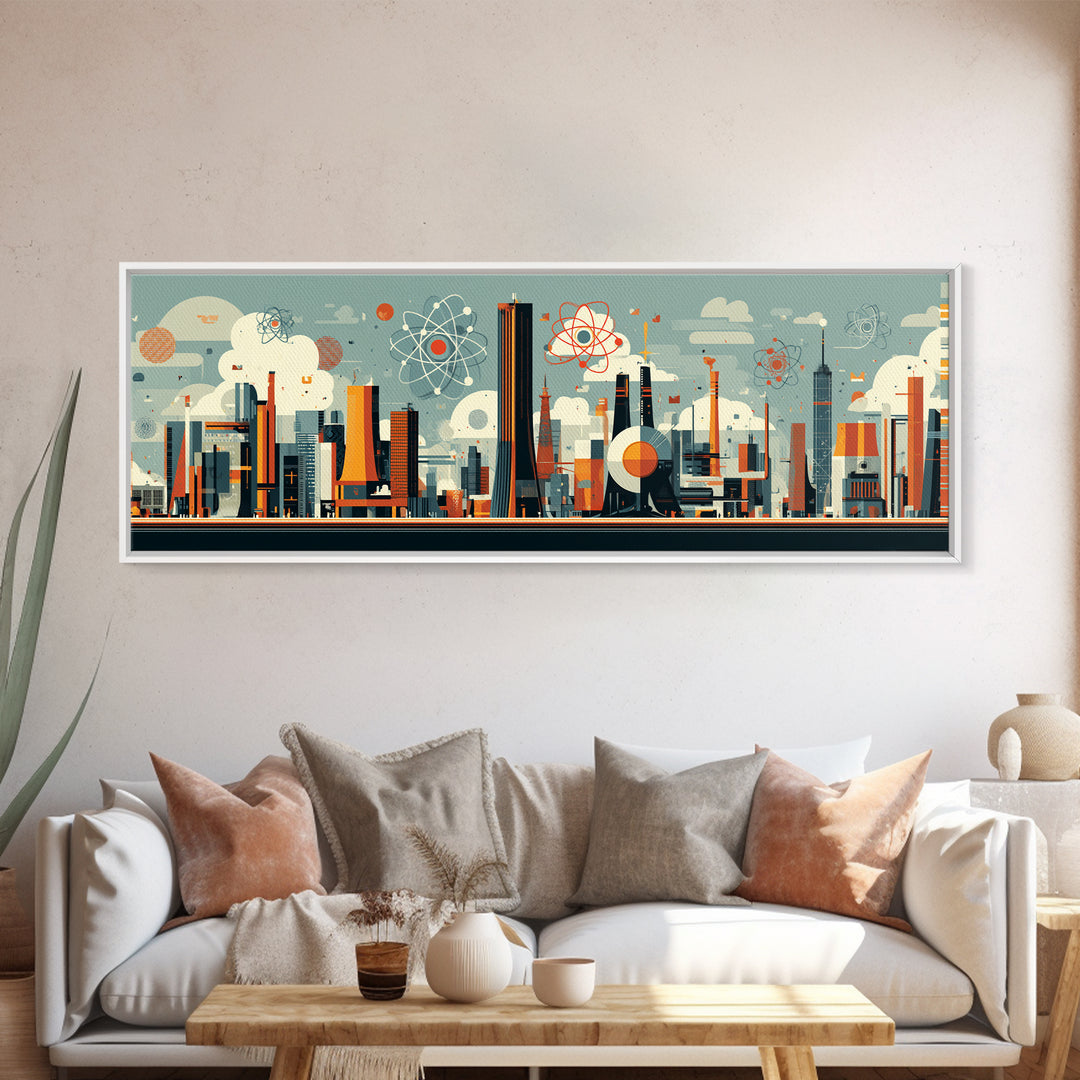 Atomic Midcentury City With Mod Towers Wall Art, Retro Modern Art Print, Geometric Skyline Poster, MCM Home Decor, Canvas Print