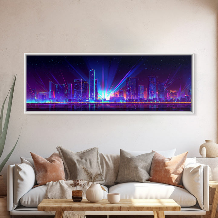 Neon Laser City Skyline At Night Wall Art, Cyberpunk Modern Art Print, Blue Purple Futuristic Decor, Large Canvas Print, Poster
