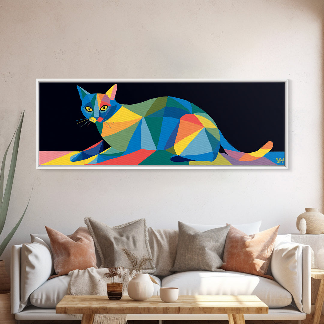 Colorful Low Poly Cat Reclining On Rainbow Shapes, Wall Art, Modern Geometric Art Print, Cat Lovers Gift, Funky Decor Poster