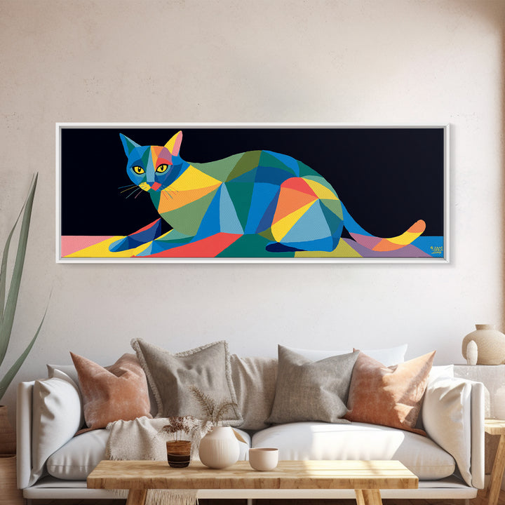 Colorful Low Poly Cat Reclining On Rainbow Shapes, Wall Art, Modern Geometric Art Print, Cat Lovers Gift, Funky Decor Poster