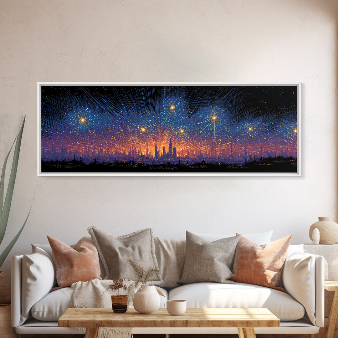 Starry Digital Fireworks Above Distant Skyline Wall Art, Modern Abstract Art Print, Futuristic Night Decor, Canvas Print