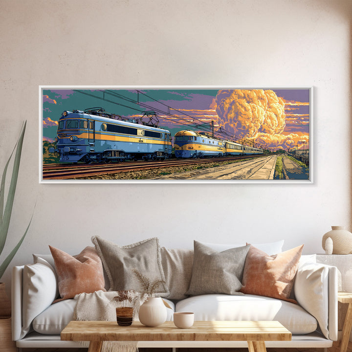 Blue Electric Trains Canvas Print, Atomic Explosion Rail Scene, Midcentury Modern Wall Art, Retro Sci Fi Travel Decor Poster