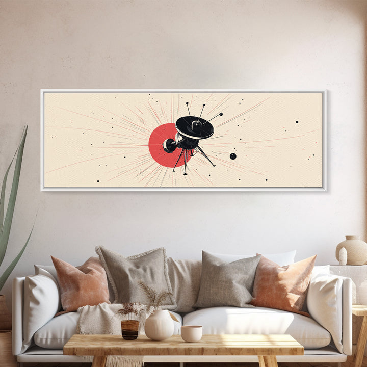 Minimal Black Space Probe Wall Art, Red Sunburst Abstract Satellite Print, Modern Sci Fi Poster, Retro Home Office Decor