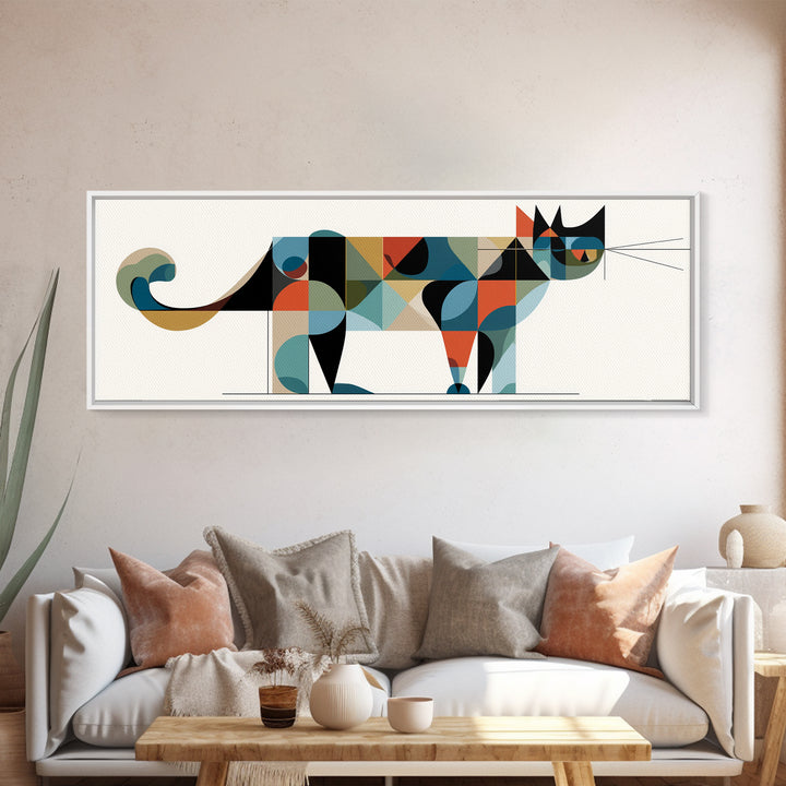 Abstract Mid Century Cat With Geometric Shapes, Canvas Print, Modern Wall Art, Bauhaus Poster, Minimalist Home Decor Print
