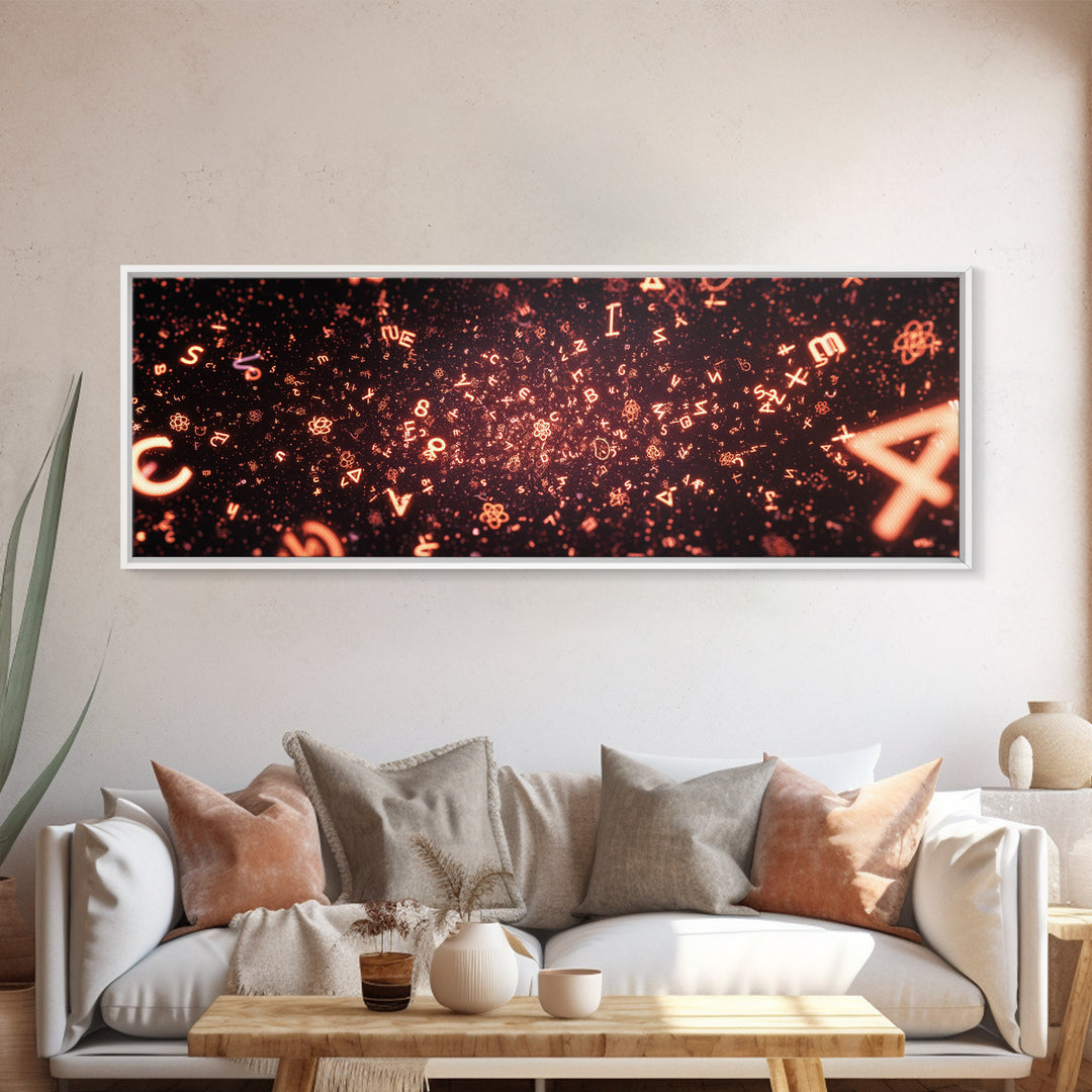 Glowing Orange Symbol Field Wall Art, Abstract Math Particle Poster, Modern Digital Art, Sci Fi Futuristic Office Decor Print