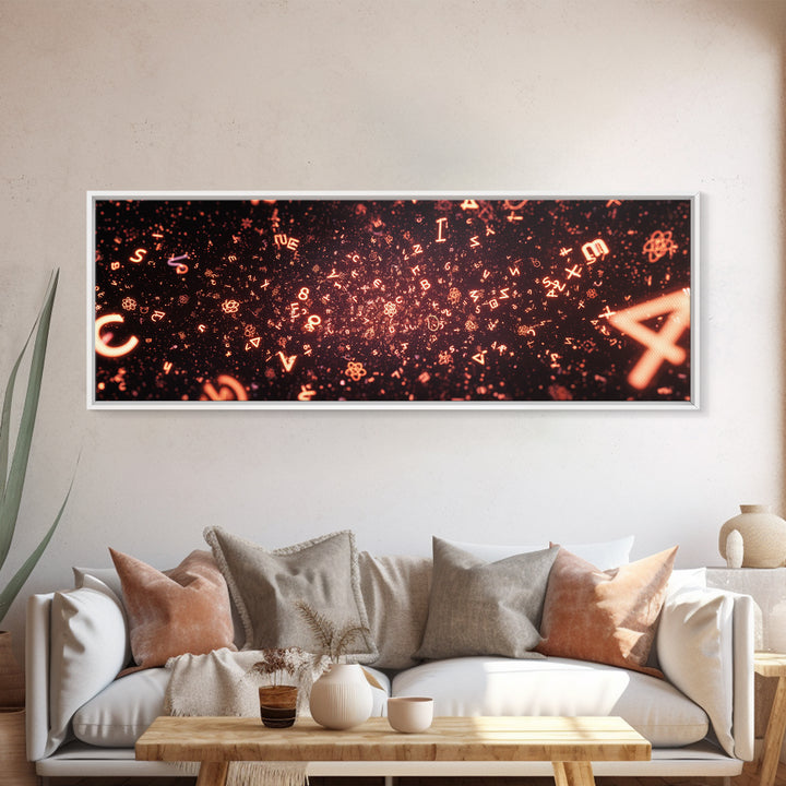 Glowing Orange Symbol Field Wall Art, Abstract Math Particle Poster, Modern Digital Art, Sci Fi Futuristic Office Decor Print