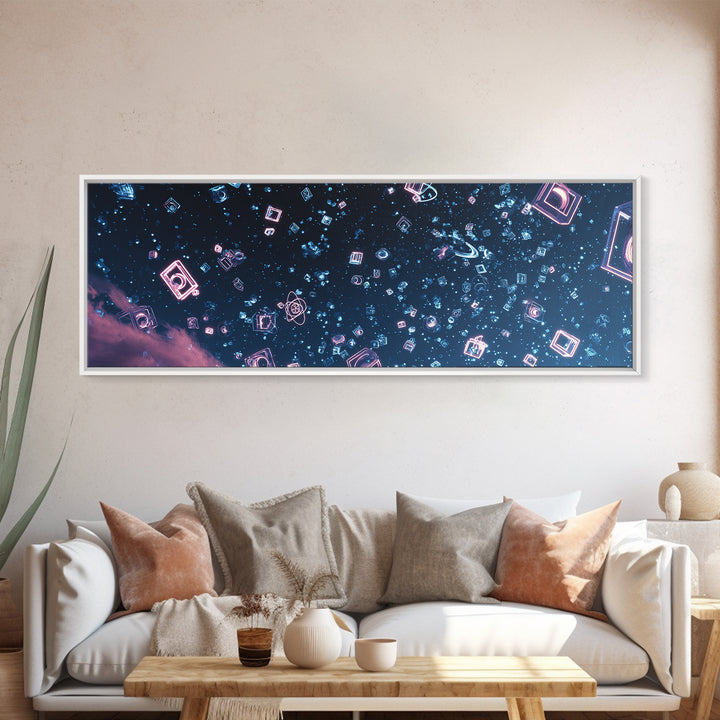 Neon Geometric Shapes Floating In Starry Sky Wall Art, Retro Futuristic Poster, Modern Abstract Art, Blue Pink Decor Print