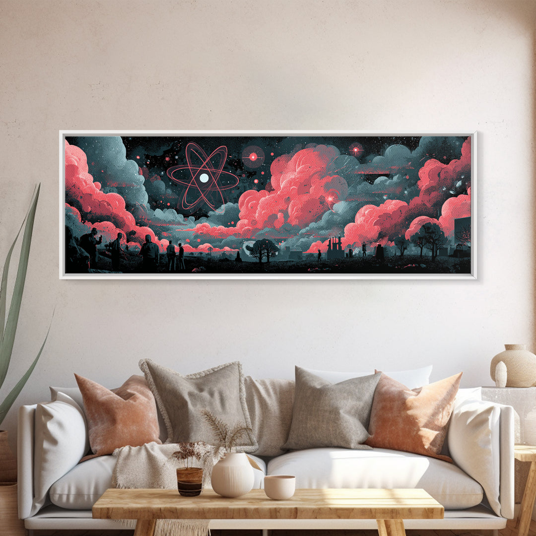 Red Atomic Clouds Over Retro Sci Fi Horizon Wall Art, Midcentury Modern Poster, Space Abstract Art, Moody Office Decor Print