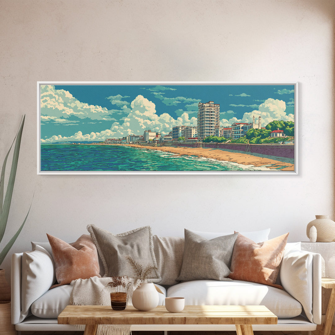 Sunny Coastal City Beach And Turquoise Sea Wall Art, Retro Travel Poster, Midcentury Modern Decor, Ocean Living Room Print