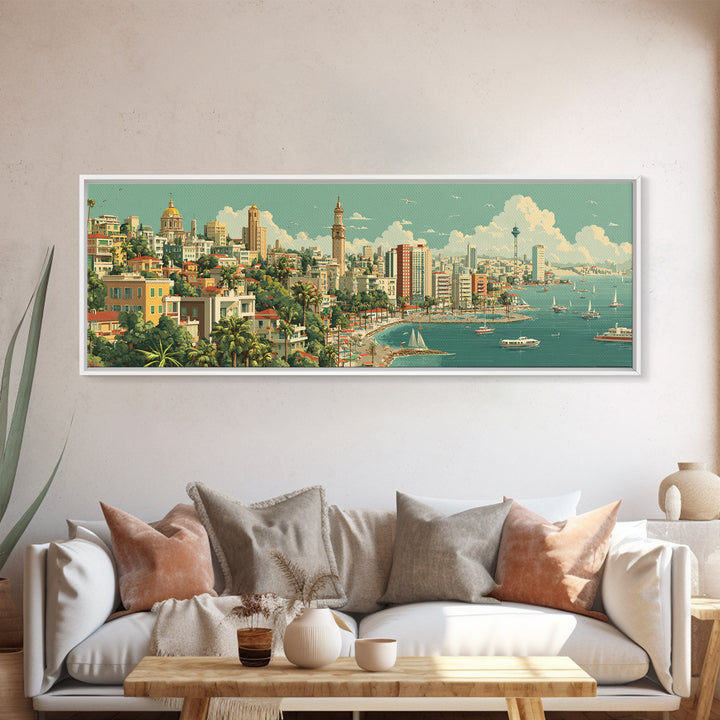 Lush Harbor City Skyline With Boats Canvas Print, Retro Travel Wall Art, Midcentury Modern Decor, Coastal Living Room Poster