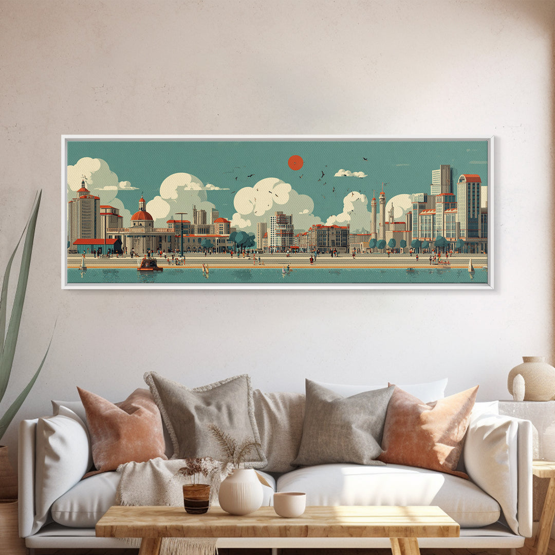 Retro Waterfront Promenade With Red Sun Wall Art, Midcentury Modern City Poster, Coastal Travel Print, Living Room Decor