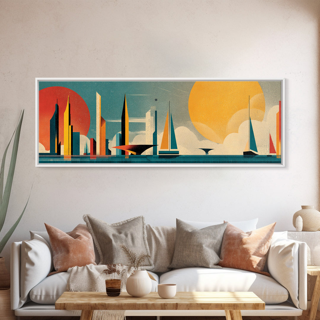 Futuristic Sailboat Skyline With Red And Yellow Suns Wall Art, Midcentury Modern Abstract Poster, Geometric Coastal Decor
