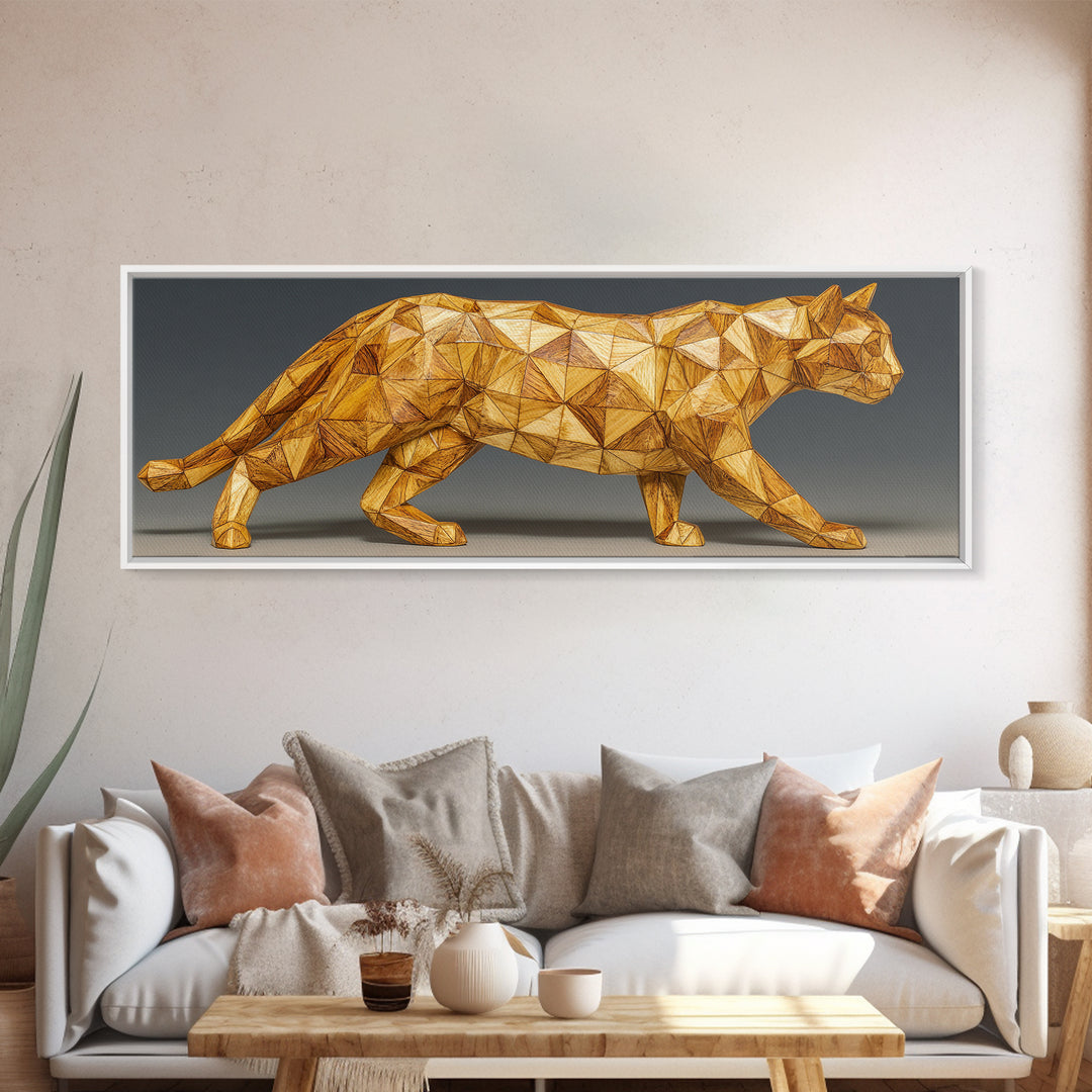 Golden Low Poly Panther Sculpture In Faceted Geometry, Framed Canvas Print, Modern Wall Art, Geometric Animal Decor Statement Poster