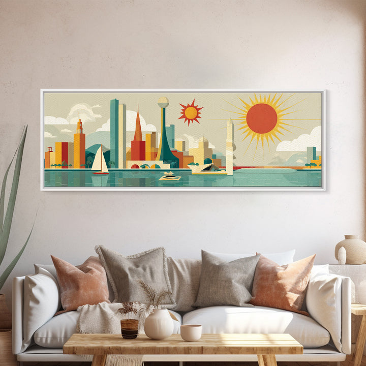 Modern Marina Skyline With Giant Sun Canvas Print, Midcentury Modern Wall Art, Retro Travel Poster, Coastal Home Decor Print