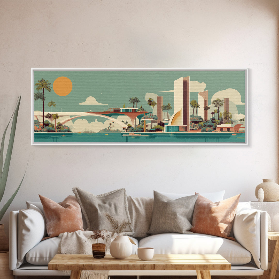 Retro Futurist Palm Springs Marina Wall Art, Mid Century Modern Canvas Print, Atomic Resort Decor, Orange Sun Large Poster