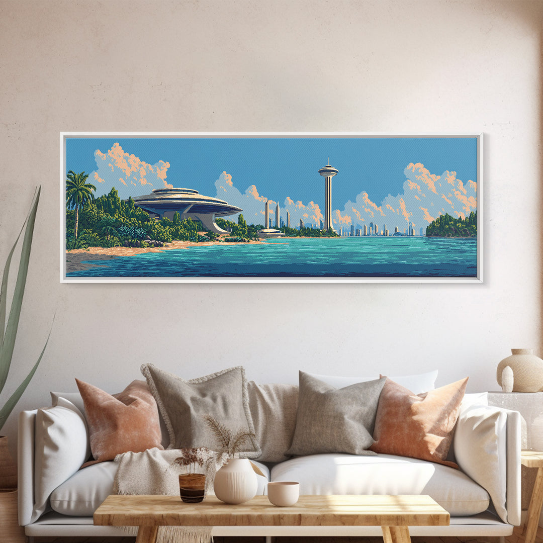 Retro Futuristic Seattle Skyline Large Canvas Print, Space Needle Wall Art, Midcentury Modern Decor, Sci Fi Travel Poster