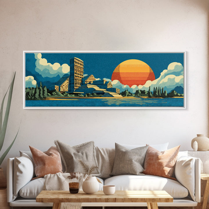 Mountain Lake Modernist Resort Wall Art, Midcentury Modern Canvas Print, Scenic Sunset Landscape, Large Retro Home Decor