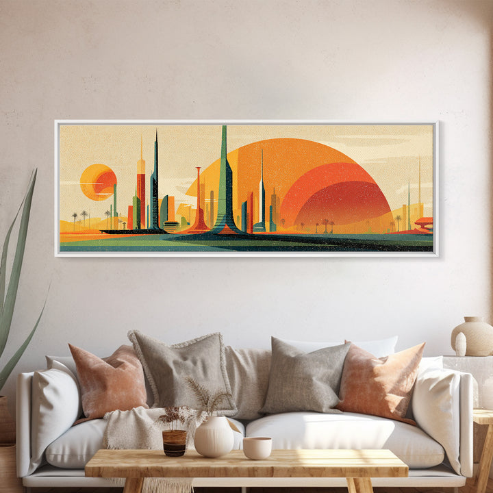 Futuristic Desert Skyline Canvas Print, Mid Century Modern Wall Art, Orange Sun Abstract Cityscape, Retro Sci Fi Poster Decor