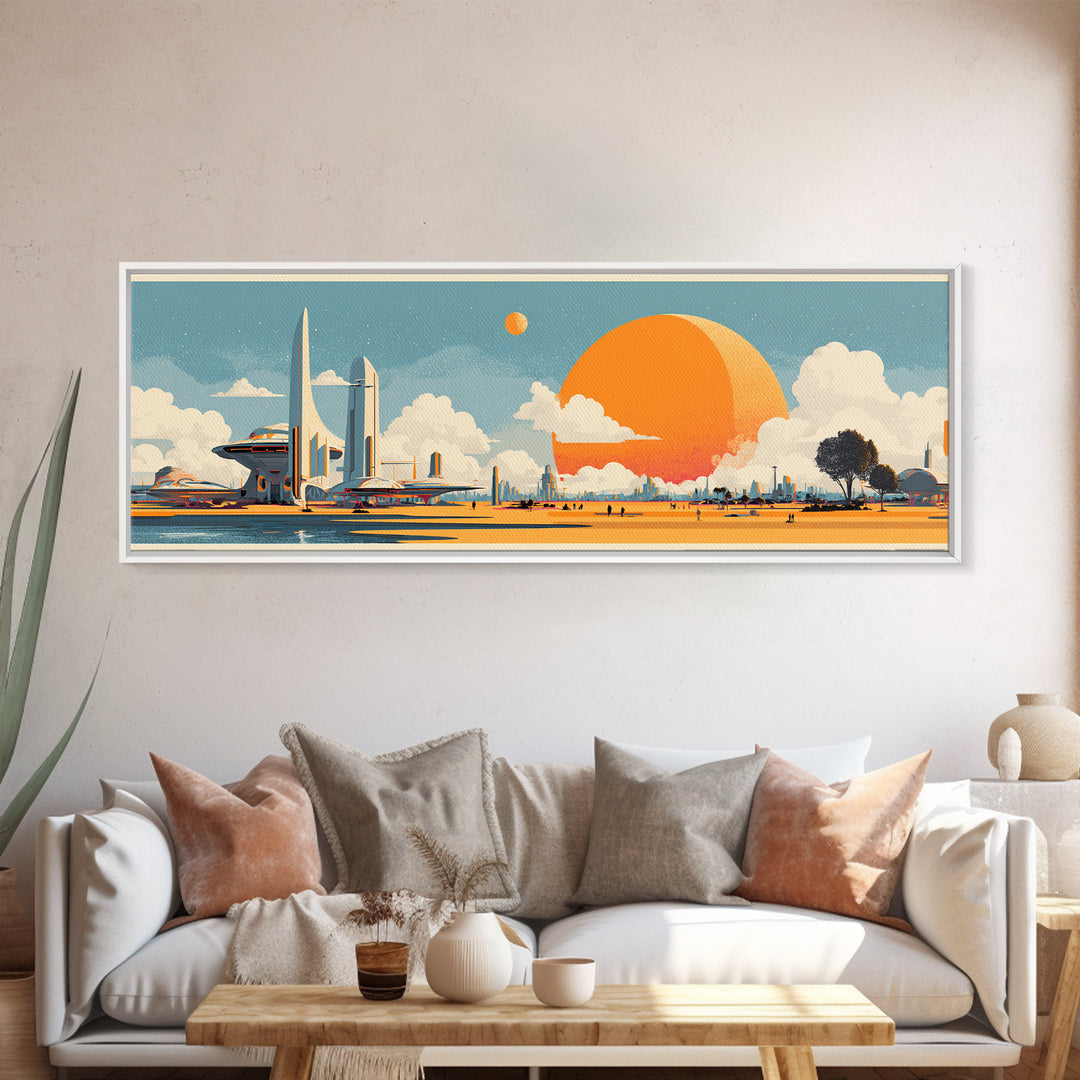 Retro Futuristic Expo Skyline Wall Art, Midcentury Modern Canvas Print, Orange Sun Space Age Architecture Large Poster Decor