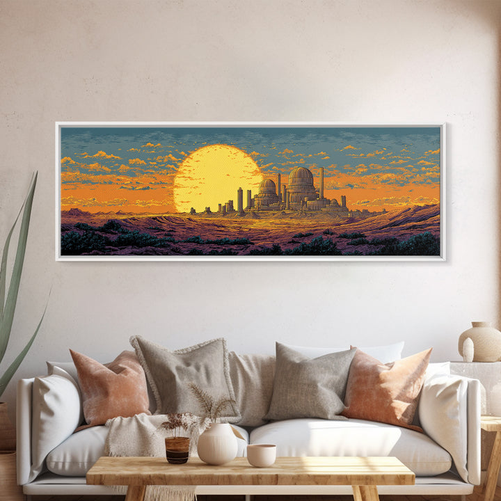 Desert Observatory Sunset Canvas Print, Retro Sci Fi Wall Art, Mid Century Modern Landscape Poster, Orange Astronomy Decor