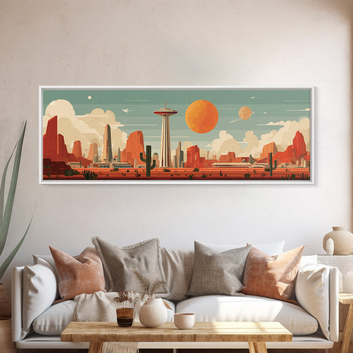 Retro Space Needle Desert Wall Art, Midcentury Modern Canvas Print, Orange Planet Cityscape, Southwestern Sci Fi Poster Decor