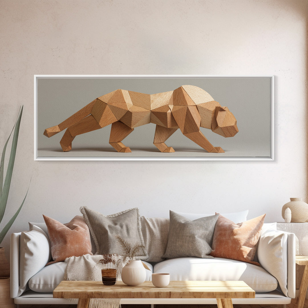 Neutral Low Poly Big Cat Sculpture With Faceted Forms, Canvas Print, Modern Geometric Wall Art, Minimalist Animal Decor Poster