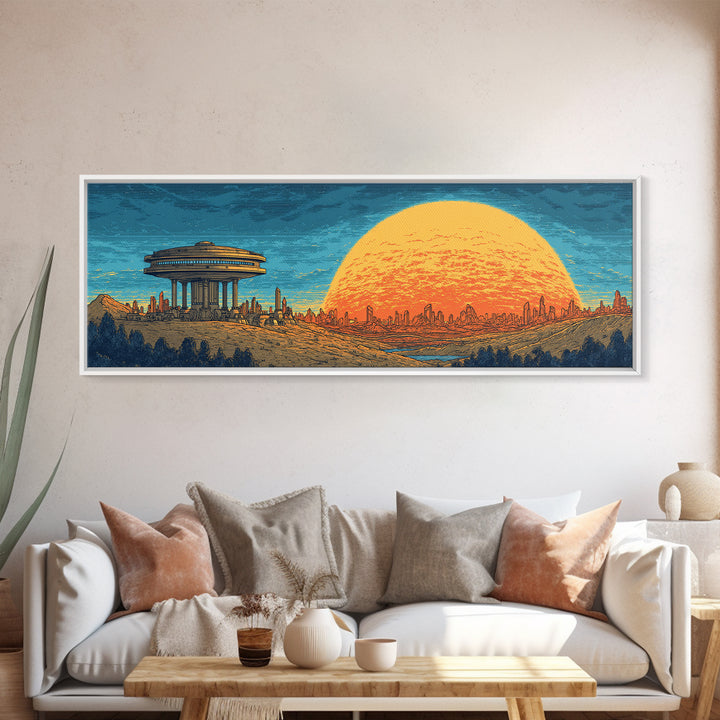 Alien Desert City Sunset Wall Art, Retro Futuristic Canvas Print, Mid Century Modern Sci Fi Landscape, Orange Sun Poster Decor