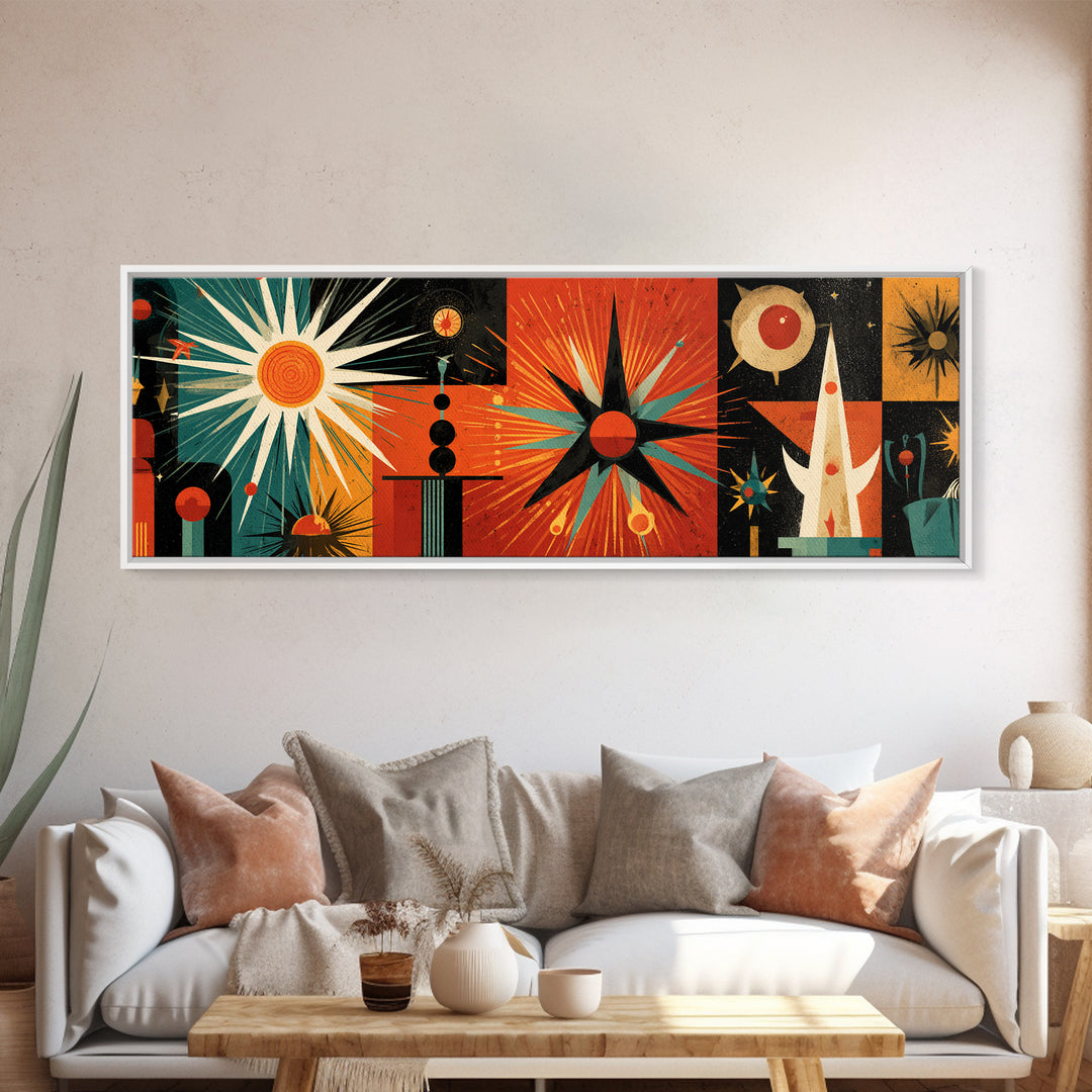 Orange Teal Atomic Sunburst Canvas Print, Midcentury Modern Geometric Space Age Poster, Bold MCM Wall Decor For Office Home