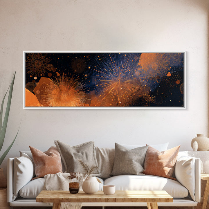 Orange Gold Firework Night Sky Canvas Print, Modern Abstract Celestial Wall Decor, Cosmic Retro Art For Living Room Poster