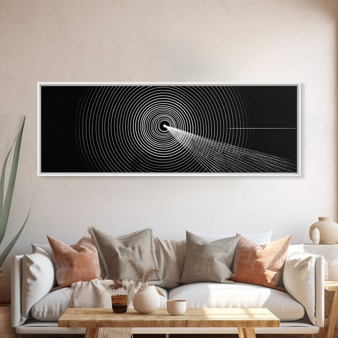Black White Concentric Tunnel Wall Art, Modern Op Art Line Print, Minimal Geometric Canvas For Office And Game Room Decor
