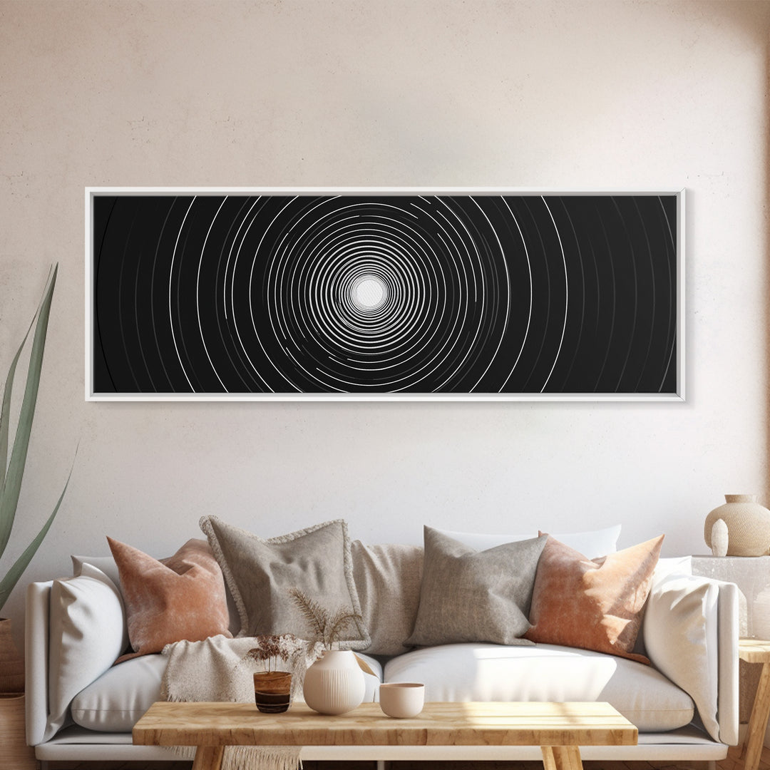 White Light Concentric Circle Canvas Print, Black Modern Op Art Wall Decor, Minimal Geometric Poster For Home Office Space