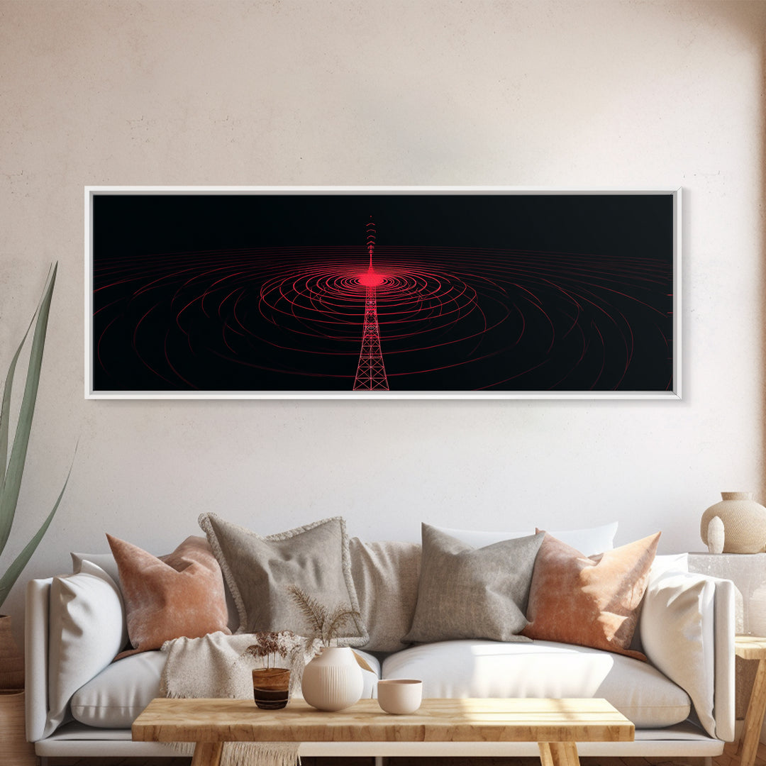 Red Radio Tower With Concentric Signal Rings Wall Art, Futuristic Retro Abstract Print, Modern Wall Decor, Large Sci Fi Retro Art