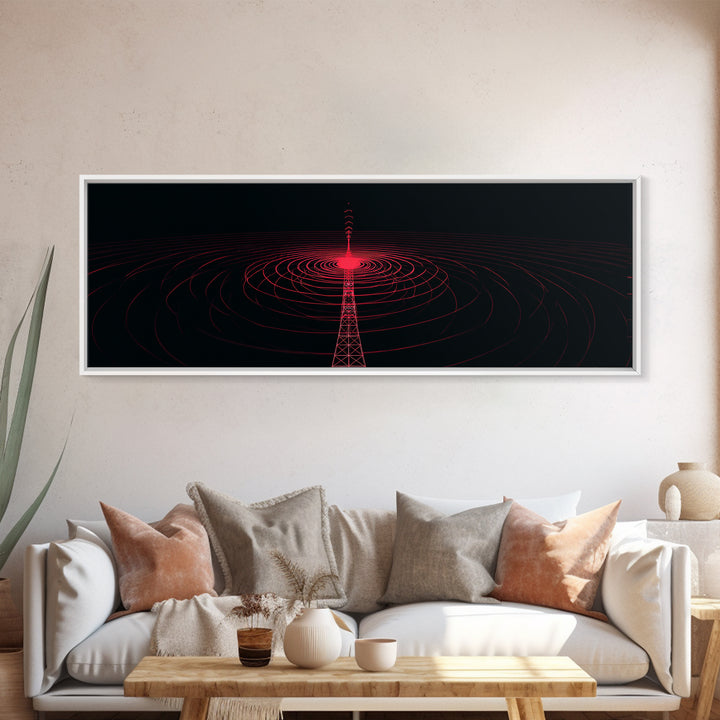 Red Radio Tower With Concentric Signal Rings Wall Art, Futuristic Retro Abstract Print, Modern Wall Decor, Large Sci Fi Retro Art