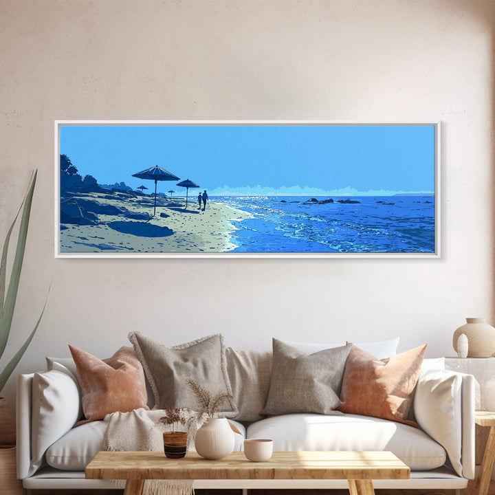Blue Seaside Beach With Umbrellas Wall Art, Coastal Landscape Print, Modern Wall Decor, Beach House Decor, Travel Poster Art