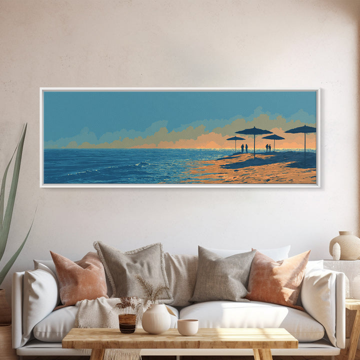Orange Sunset Beach Umbrellas Framed Canvas Print, Coastal Wall Art, Modern Wall Decor, Tropical Landscape, Beach House Decor