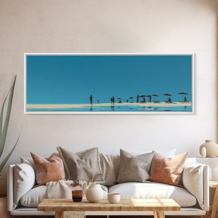 Minimal Blue Beach Horizon With Tiny Figures Wall Art, Coastal Landscape Print, Modern Wall Decor, Scandinavian Print, Large Prints