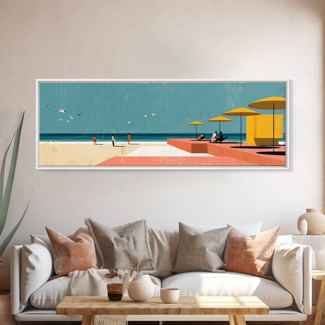 Yellow Umbrellas On Pink Seaside Terrace Canvas Print, Coastal Wall Art, Modern Wall Decor, Retro Travel Poster, Colorful Art