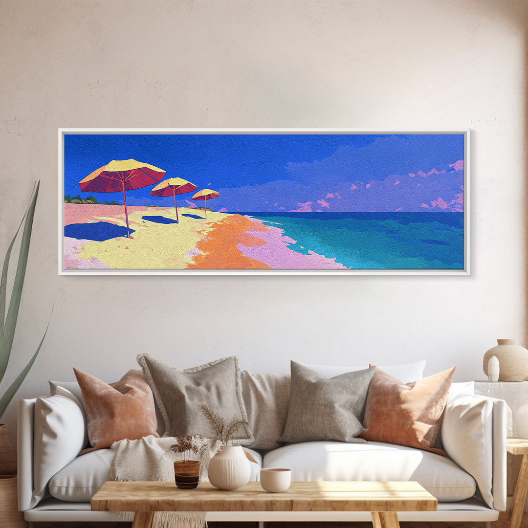 Vibrant Ocean Beach With Umbrellas Canvas Print, Coastal Wall Decor, Retro Travel Poster, Modern Art Print For Summer Home
