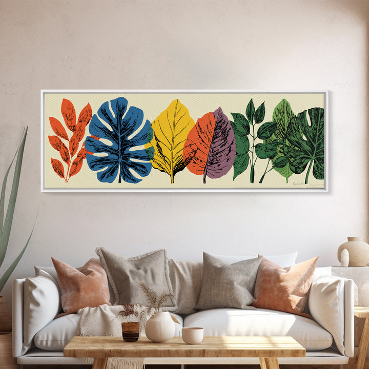 Colorful Tropical Leaf Row Framed Canvas Print, Midcentury Modern Botanical Wall Art, Retro Home Decor, Bold Nature Poster