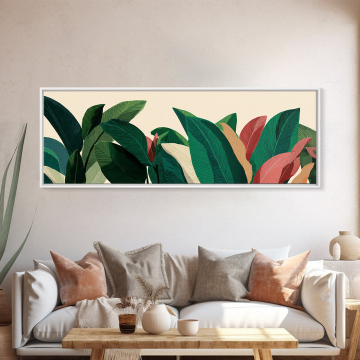Deep Green Tropical Foliage With Coral Leaves Canvas Print, Botanical Wall Art, Midcentury Modern Decor, Boho Home Poster