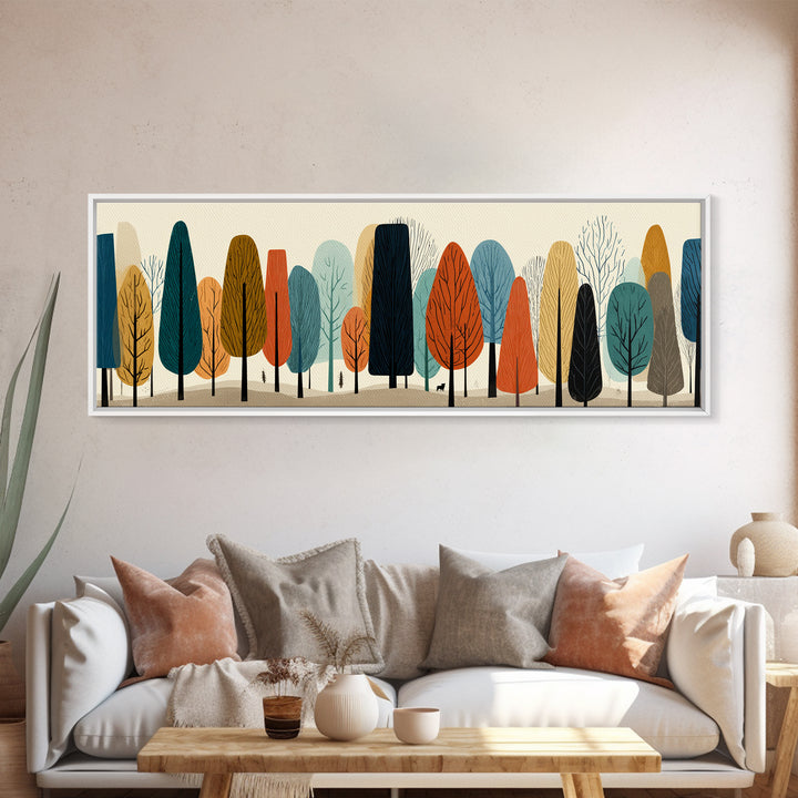 Stylized Autumn Trees In Earth Tones Canvas Print, Midcentury Modern Landscape Wall Art, Retro Forest Decor, Nordic Poster
