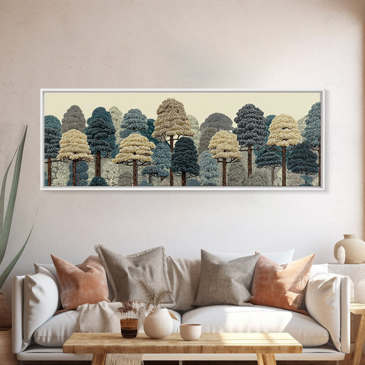 Layered Woodland Trees In Blue And Cream Wall Art, Scenic Nature Print, Midcentury Modern Decor, Large Rustic Forest Poster