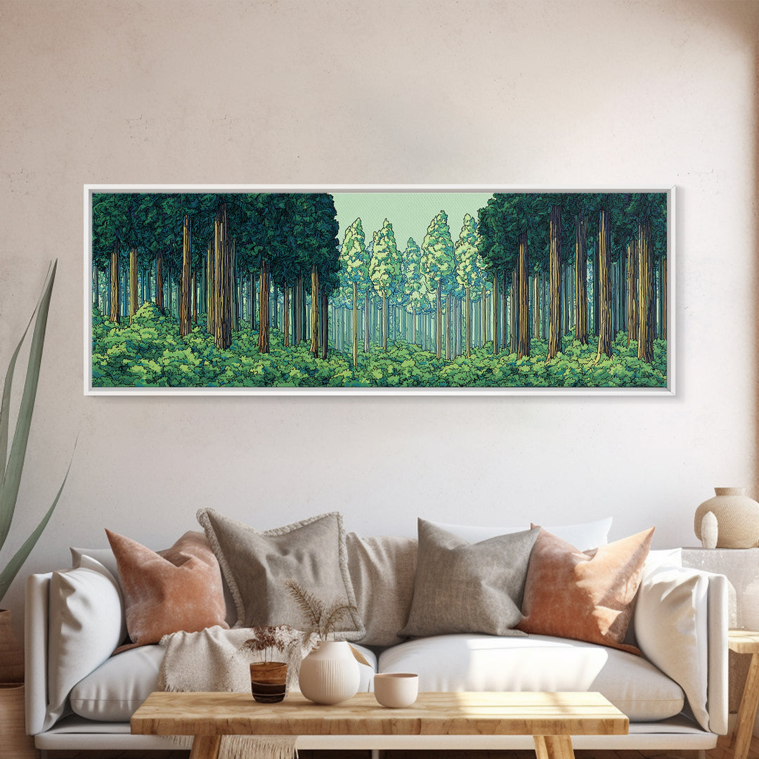Emerald Forest Path With Tall Pines Framed Canvas Print, Nature Wall Art, Modern Home Decor, Green Scenic Woodland Poster